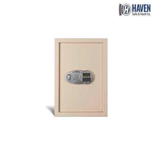 A beige American Security wall safe with a digital keypad lock, mounted on a white background.