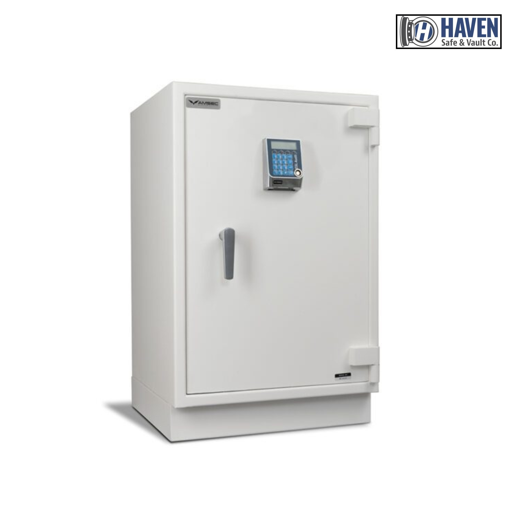 White electronic safe with digital keypad on a white background, featuring the Haven Safe & Vault Co. logo.