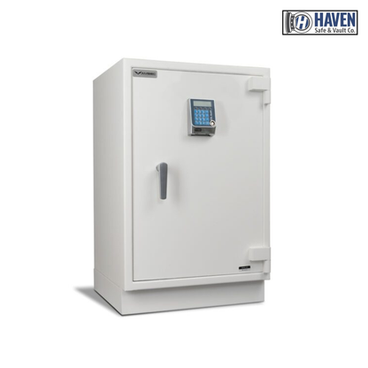 White electronic safe with digital keypad on a white background, featuring the Haven Safe & Vault Co. logo.
